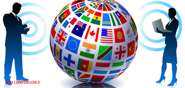 Business Couple with Flags Globe
